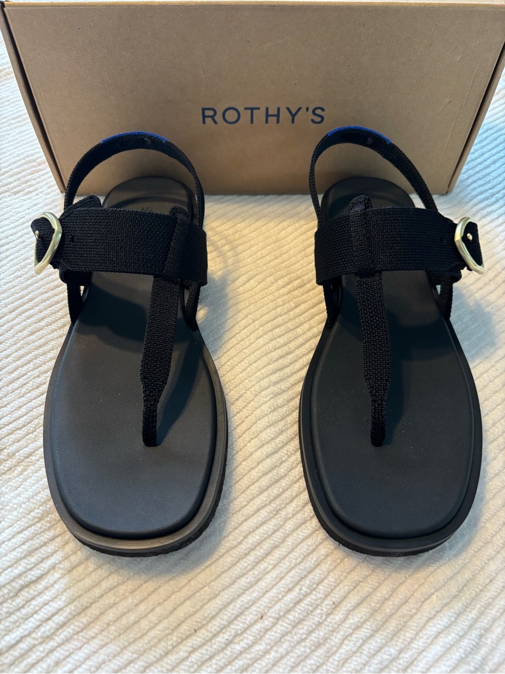 Rothy's Black T-Strap Sandals with Gold Buckles